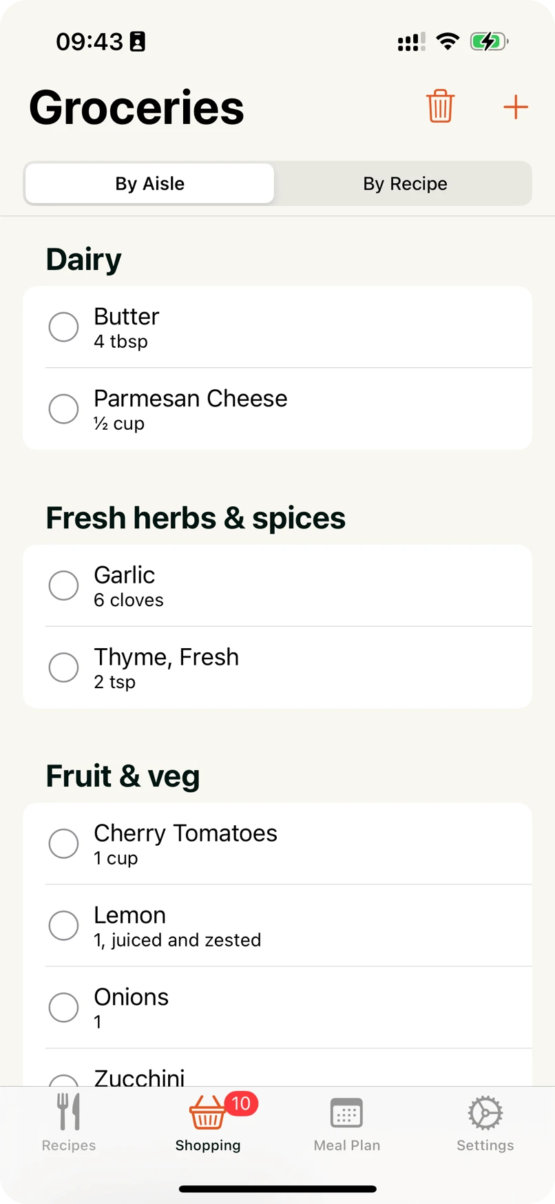 Groceries list screen showing ingredients grouped by aisle