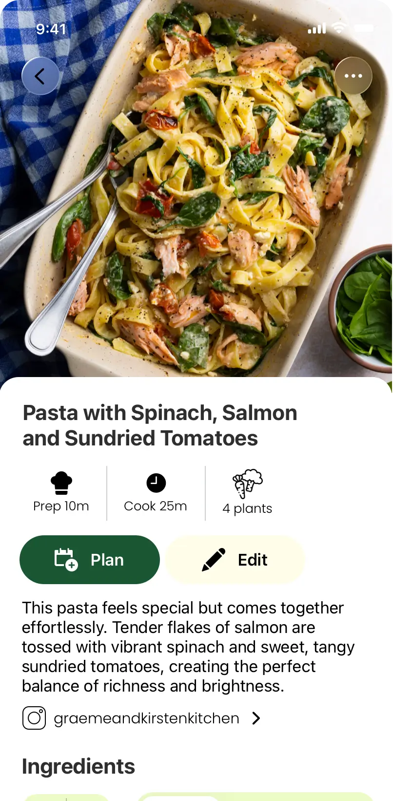 Pasta with Spinach, Salmon and Sundried Tomatoes recipe card